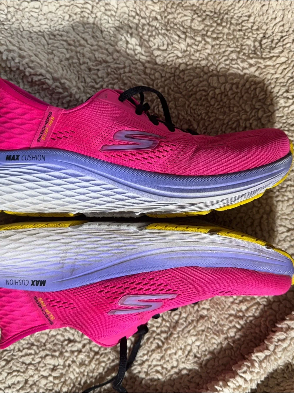 Skechers Women’s Hot Pink Athletic Slip-On Max Cushion Shoe with Purple Accents